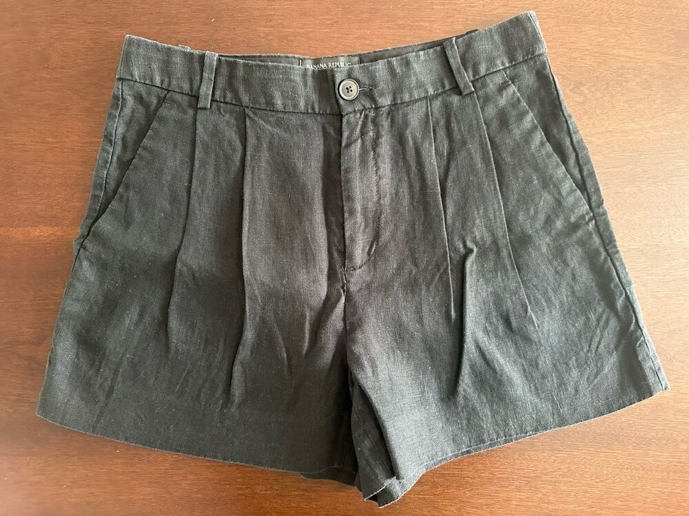 Banana Republic 💯 Linen Pleated Shorts Pockets 6 Black